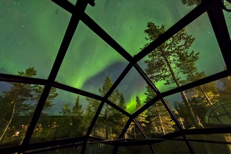 View of Northern Lights from an igloo